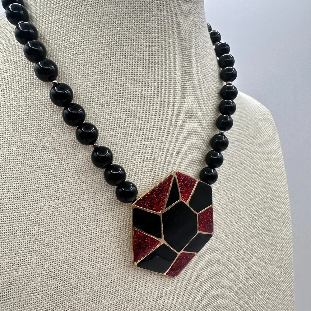 Vintage 80s‎ Hexagon Statement Necklace Black Red Glitter Enamel Fashion Jewelry